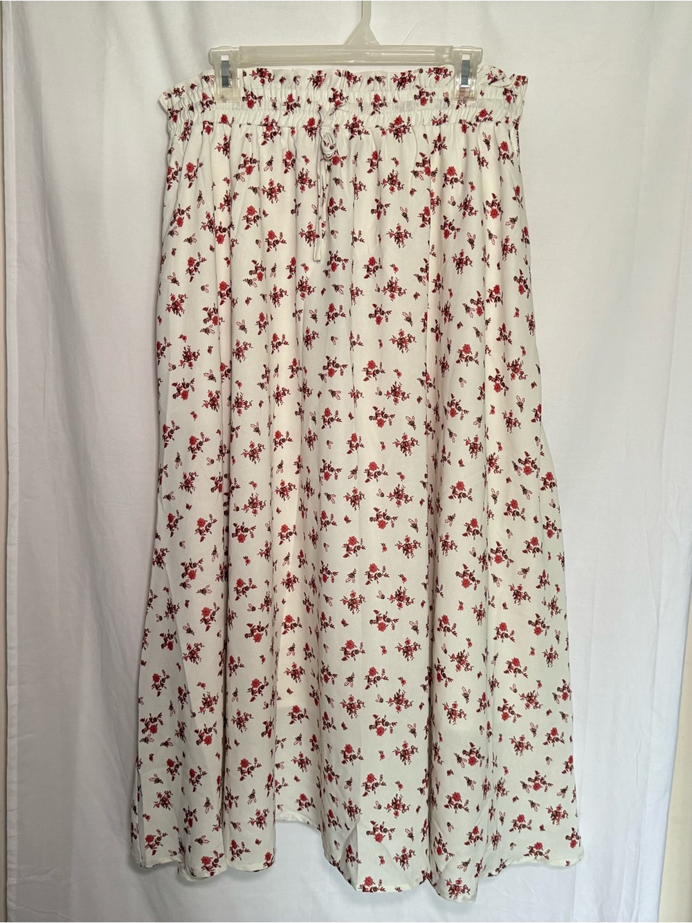 Scarlet Darkness Floral Tiered Maxi Skirt Cream Red Pockets Boho XL